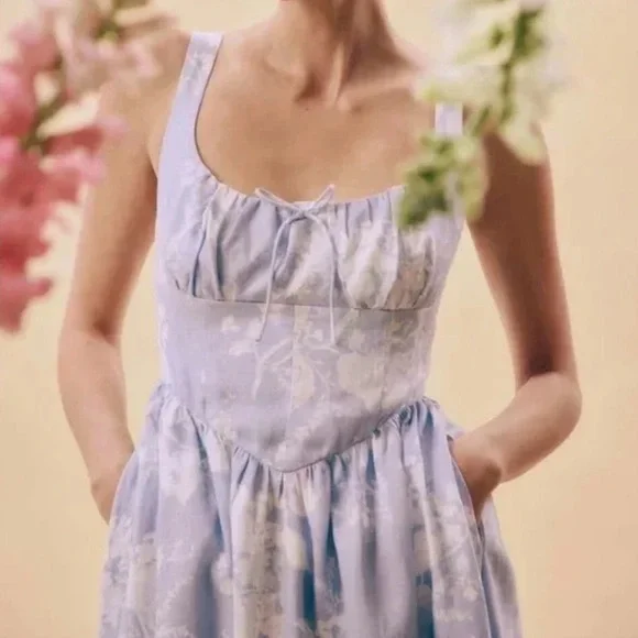 Reformation Balia Linen Dress Angelic Floral Blue Midi NWT Size 12 | retail 278$ - Picture 10 of 11